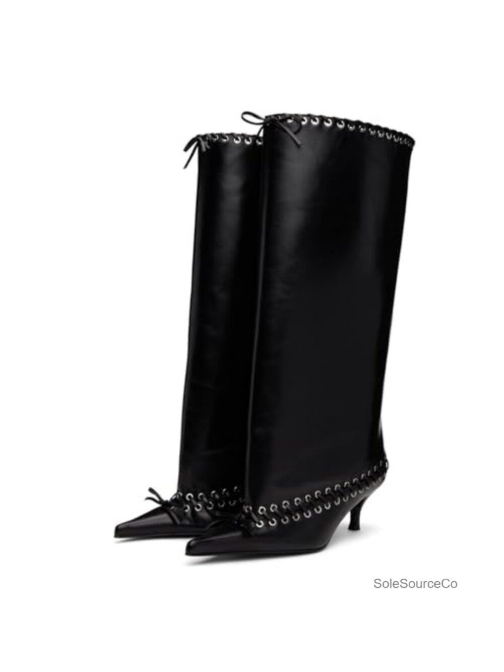 Faux Leather Pointed Toe Wide Calf Knee High Boots Kitten Heel Lace Up